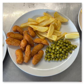 scampi chips and peas