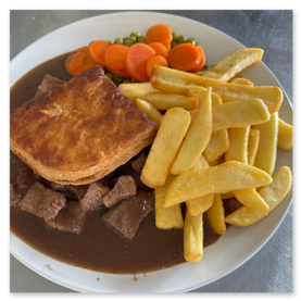 steak pie chips and peas