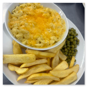 Mac N Cheese, with chips and peas